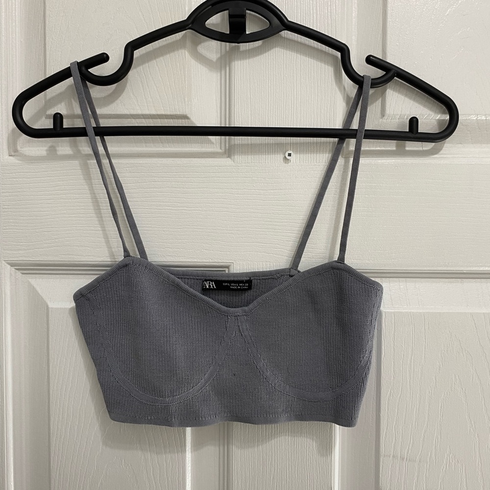 ZARA Cropped Dusty Blue Bralette Top W/ Corset Outlines